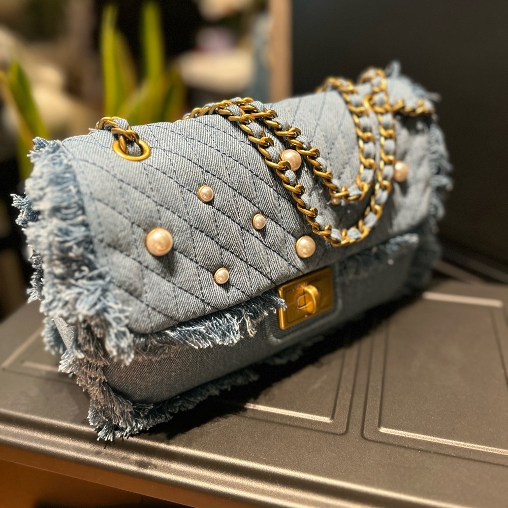 KARL LAGERFELD PARIS Agyness Light Blue Denim Shoulder Bag